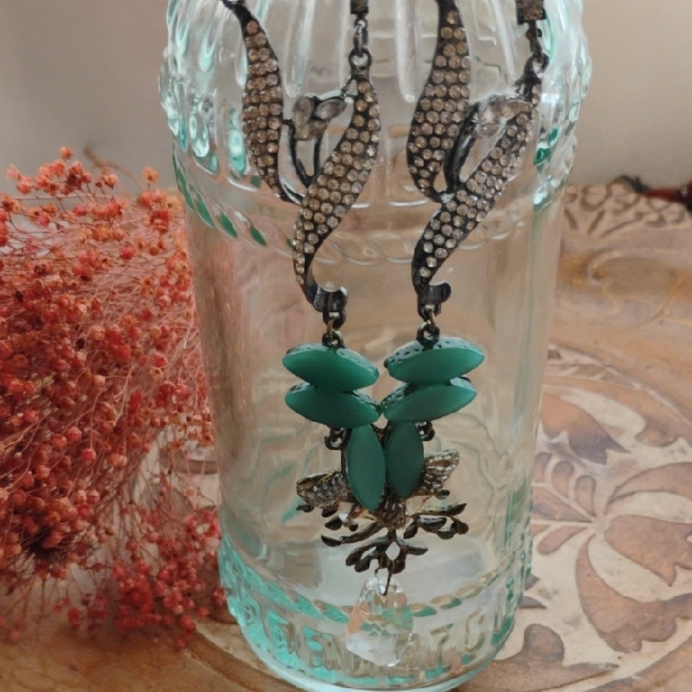 Whimsical Necklace with Rhinestones Jade Like Lucite Leafs Crystal Leaf Pendant